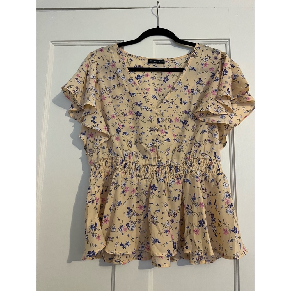 SHEIN pale yellow floral peplum blouse